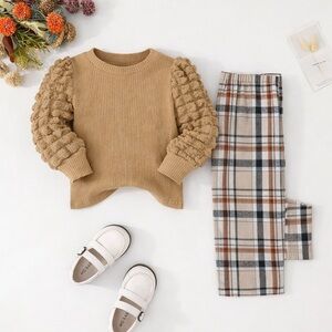 Tan Sweater with Plaid Pants Set
